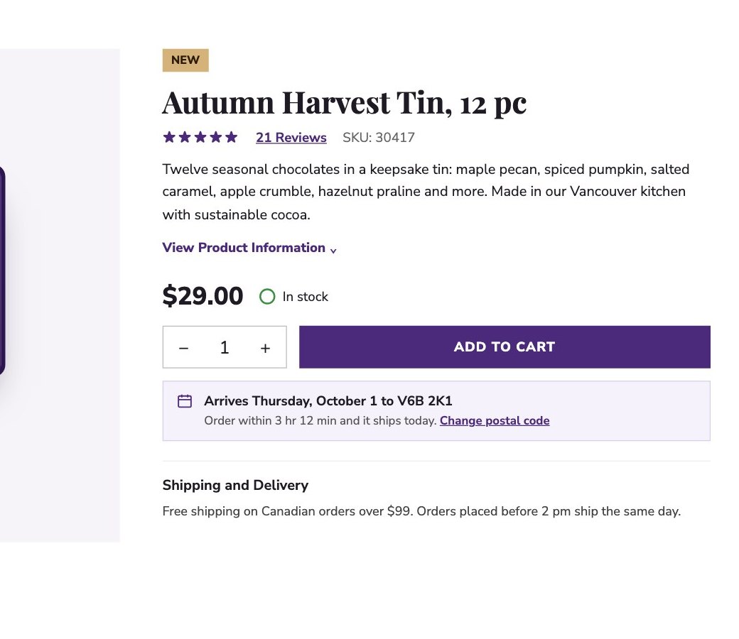 The Hartwell product page with the new delivery date under Add to cart