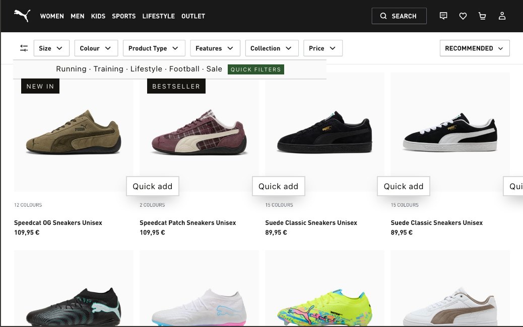 PUMA category page with quick filters and Quick add