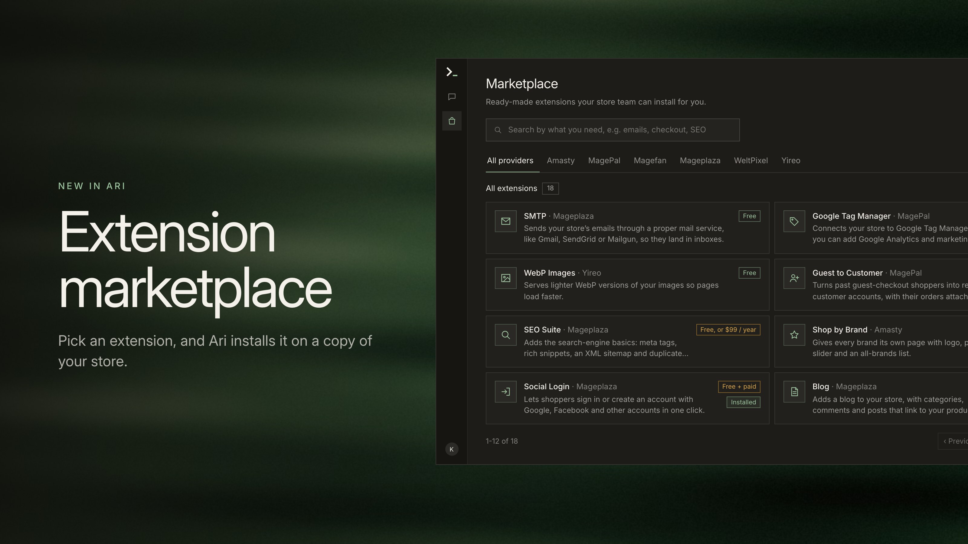 The extension marketplace in Ari