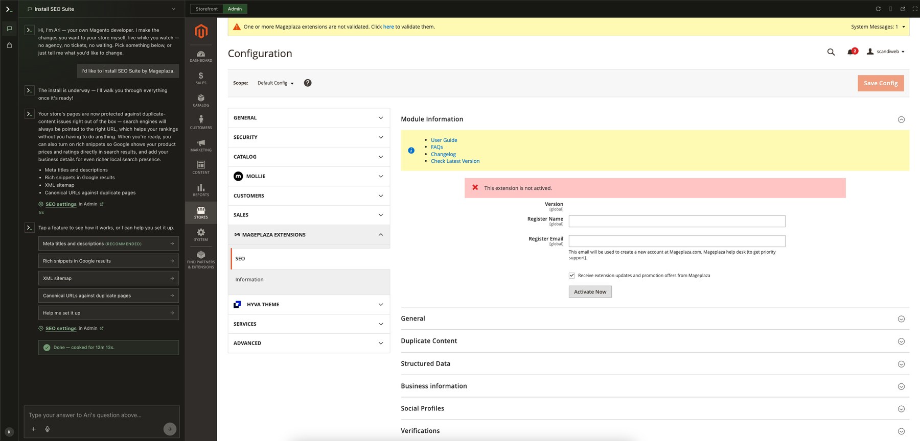 The SEO Suite settings in the Magento admin, open beside the Ari chat