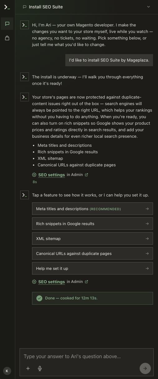 Ari after the SEO Suite install, with the features to turn on next