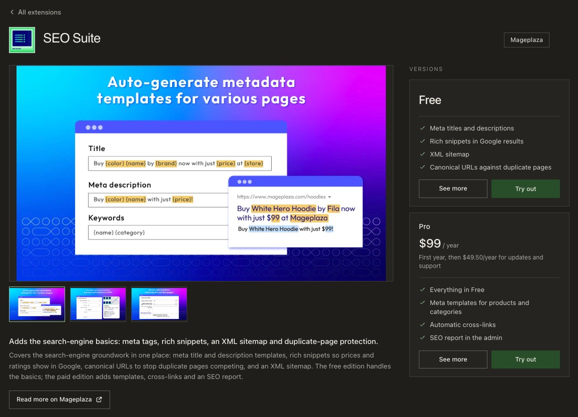 The SEO Suite page in the Ari marketplace