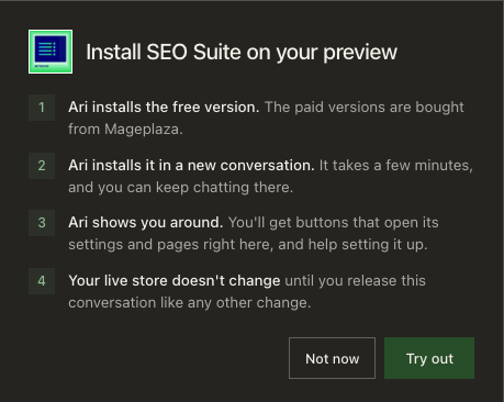 The install summary for SEO Suite in Ari